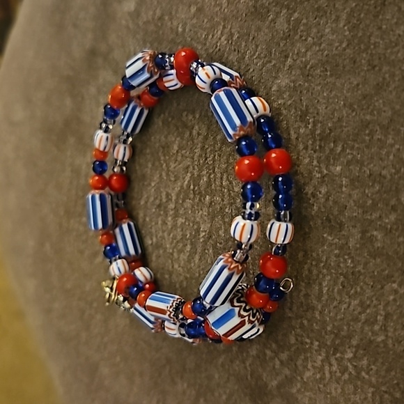 HANDMADE Vintage Chevron Glass Beaded Wrap Bracelet Buffalo Charm - Picture 3 of 5